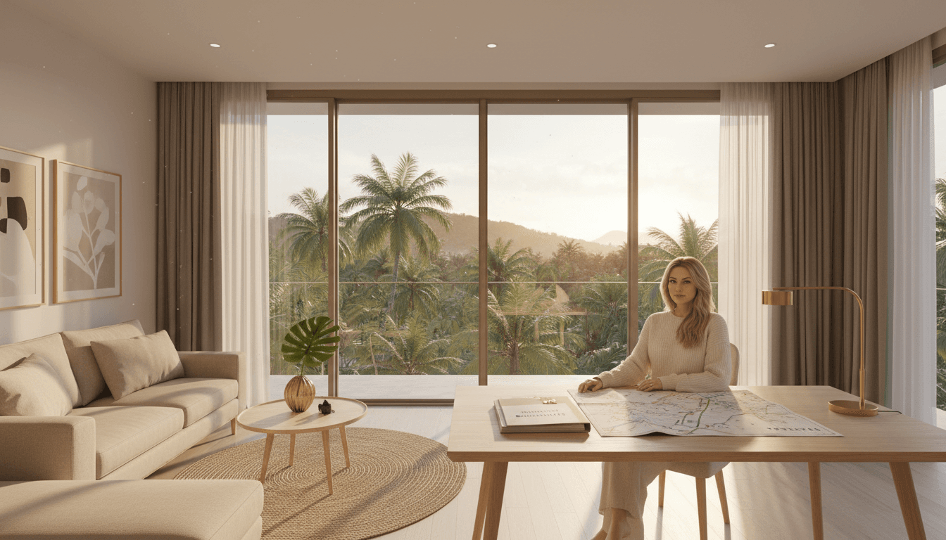Scandinavian woman reviewing relocation documents in modern Pattaya apartment with tropical view