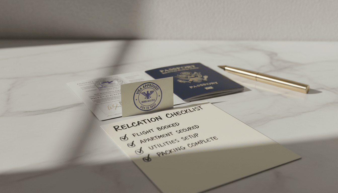 Visa approval documents and relocation checklist arranged on marble surface