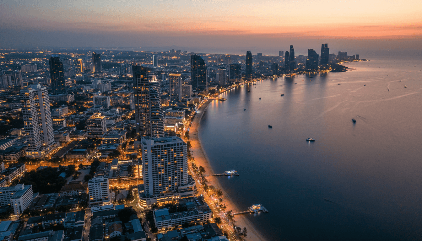 Twilight aerial view of Pattaya's city skyline and beach with vibrant lights.