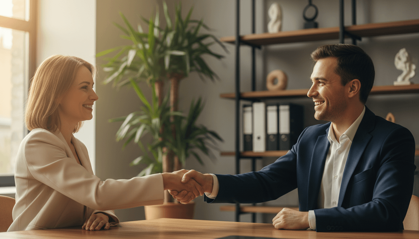Handshake between relocation consultant and client establishing partnership