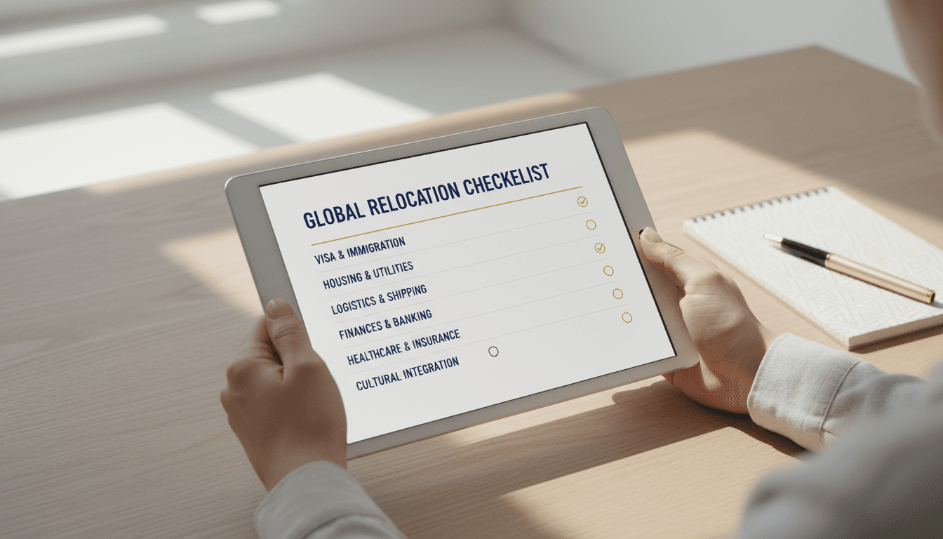 Hands holding tablet with relocation planning interface
