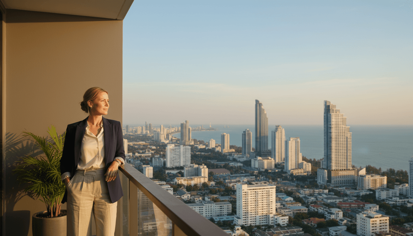 Woman on balcony overlooking Pattaya cityscape